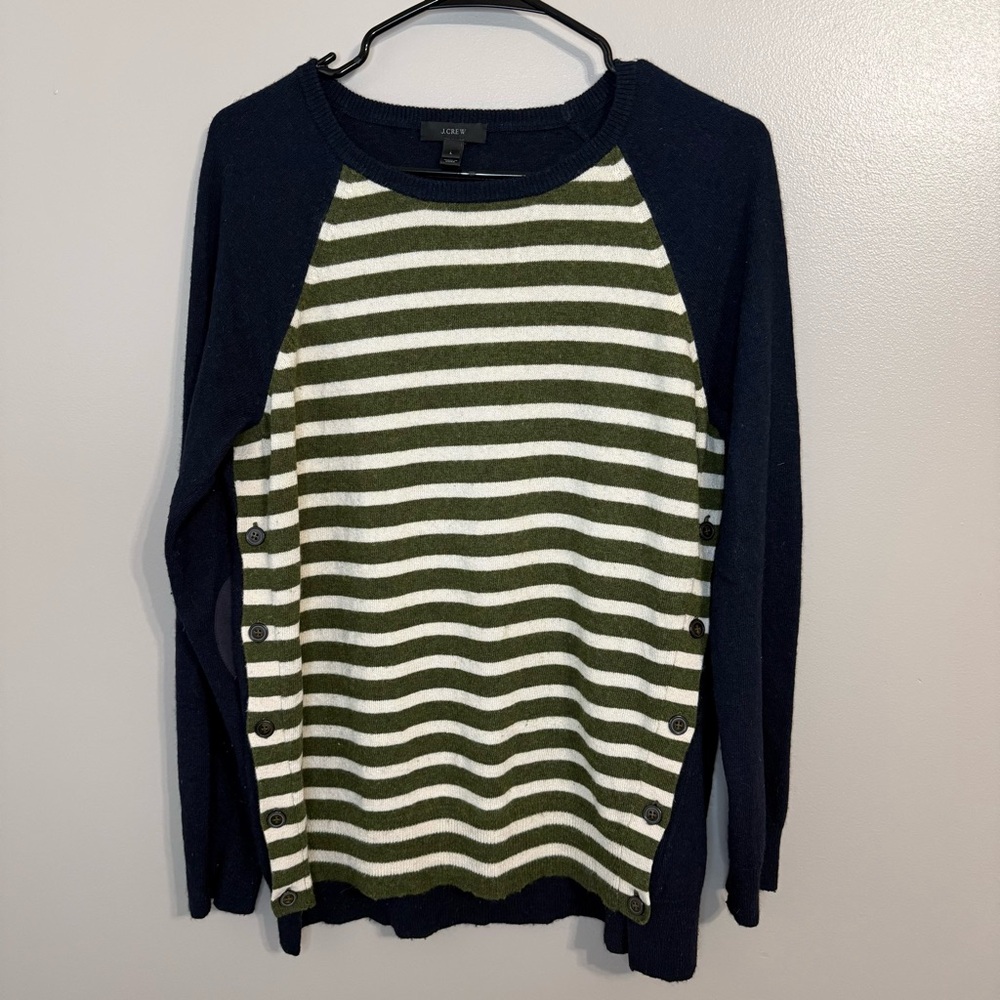 J.Crew Wool‎ Blend Navy Olive Cream Striped Preppy Sweater Elbow Patch Women’s L